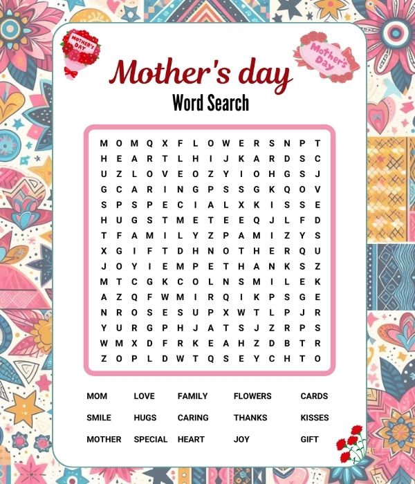 Free printable Free Mother's Day Word Search Worksheet