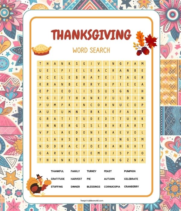 Free printable Free Thanksgiving Word Search Worksheet