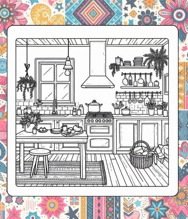 Free printable A Cozy Kitchen - 4 Cute Free Coloring Pages for Adults