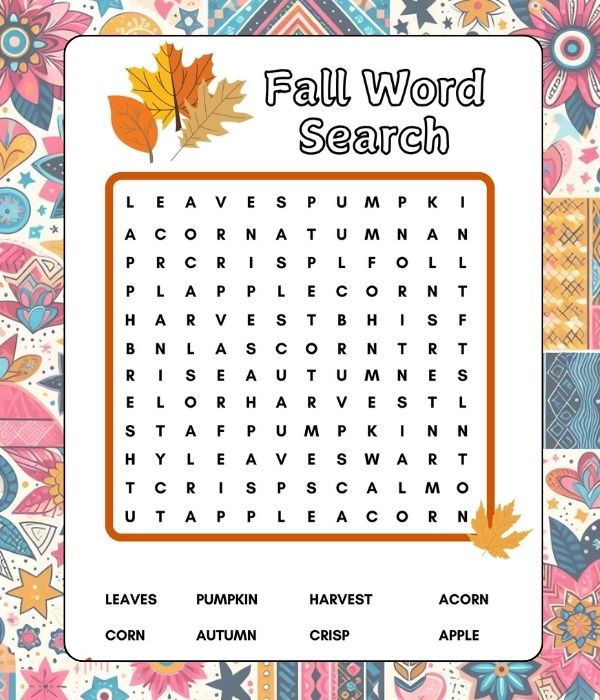 Free printable Fall Word Search for Kids for 